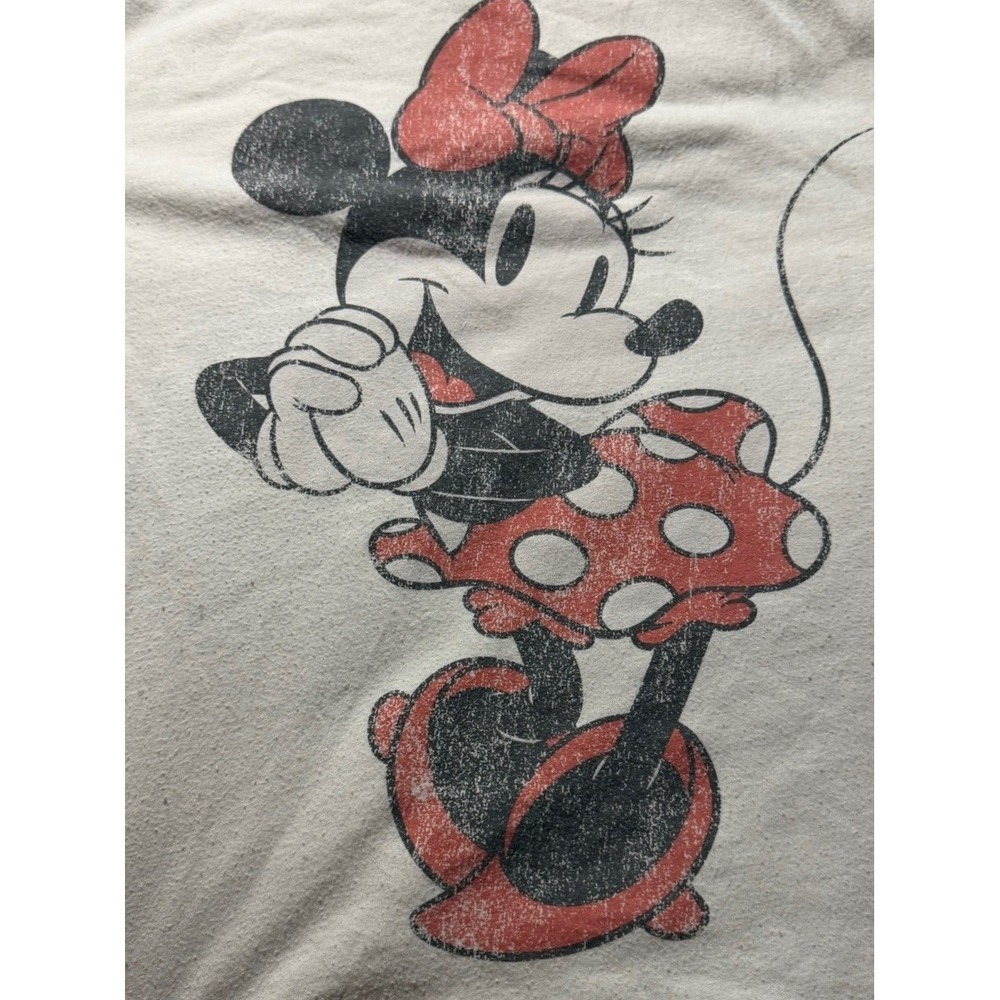 Disney Minnie Mouse Ringer T-Shirt Cream Brown Distressed Graphic Crop Top - Picture 3 of 6